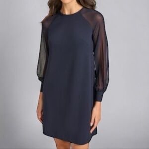 CALVIN KLEIN Women's Sheer-Sleeve Jewel-Neck Shift Dress in Navy (6) NWT